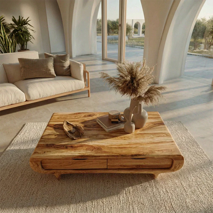 Farmhouse Drawer Coffee Table in Natural Solid Wood - Elitegemse - View 4