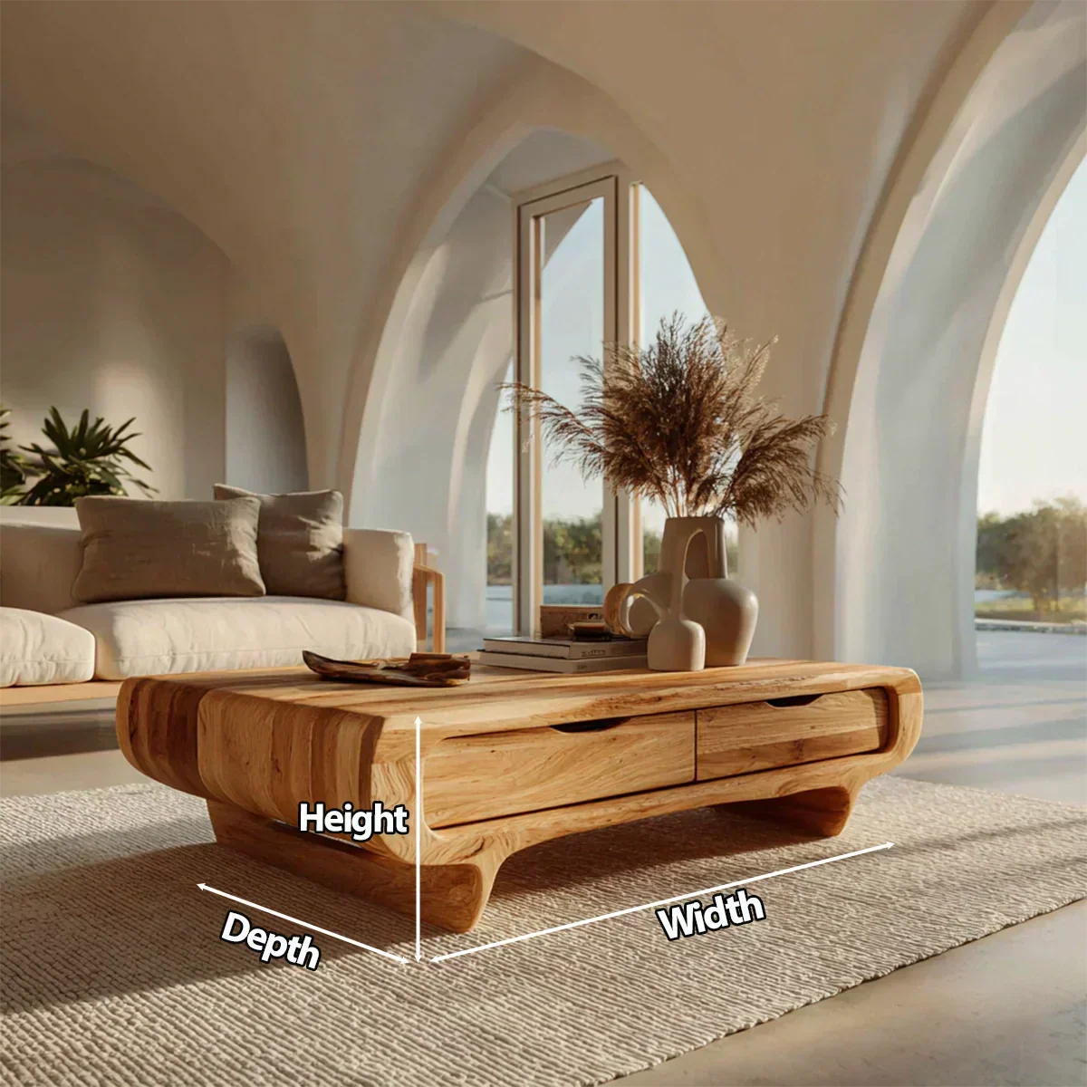 Farmhouse Drawer Coffee Table in Natural Solid Wood - Elitegemse - View 6