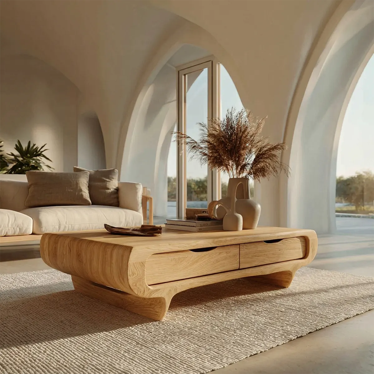 Farmhouse Drawer Coffee Table in Natural Solid Wood - Elitegemse - View 8