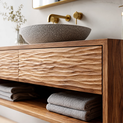 Floating Bathroom Vanity with Sculptural Wave Drawers and Open Shelf - Elitegemse - 1