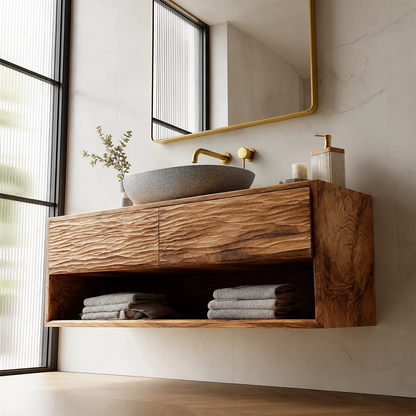 Floating Bathroom Vanity with Sculptural Wave Drawers and Open Shelf - Elitegemse - 2