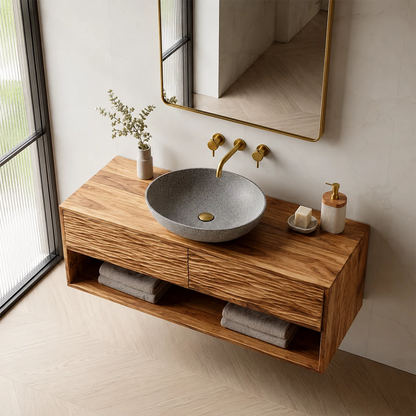 Floating Bathroom Vanity with Sculptural Wave Drawers and Open Shelf - Elitegemse - 3