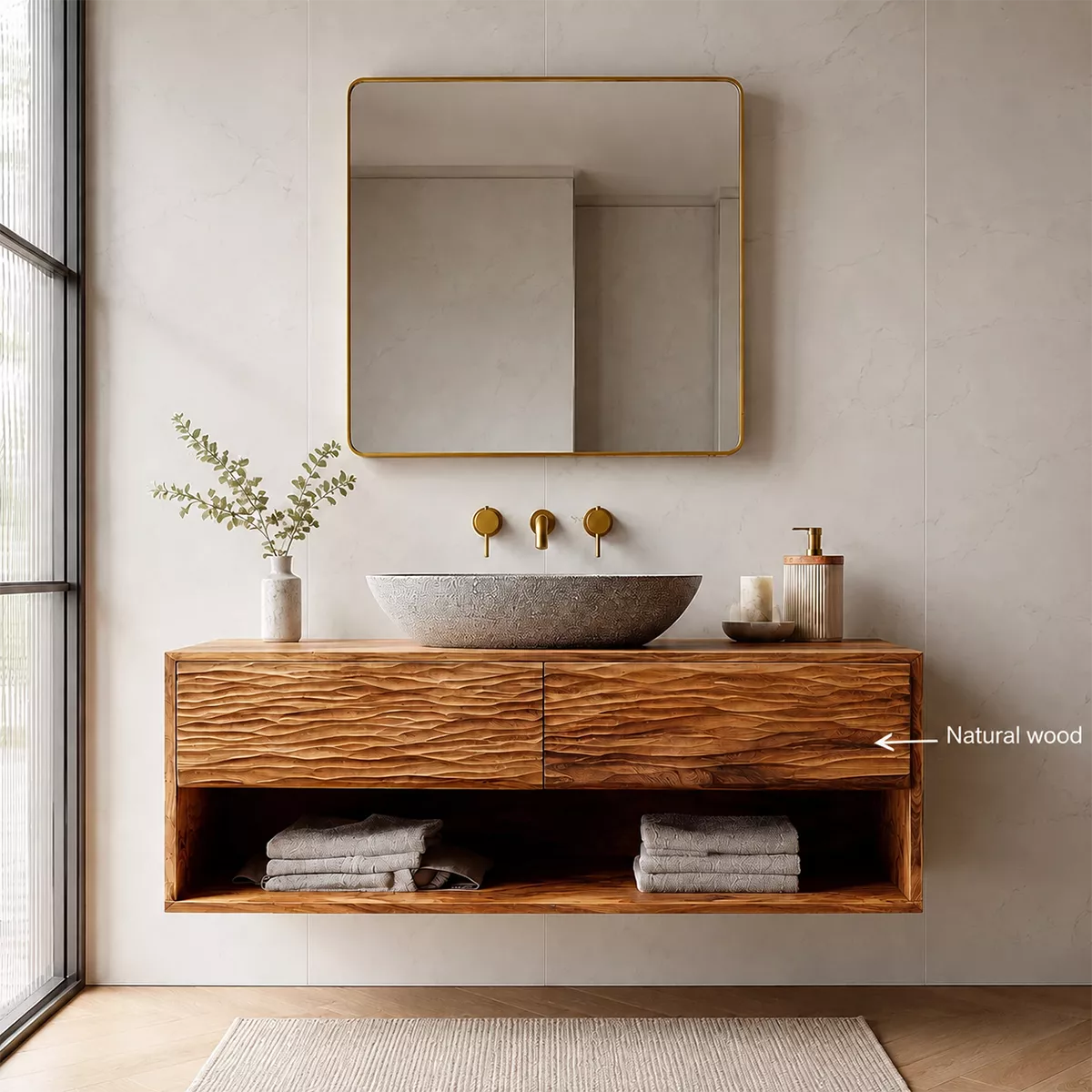 Floating Bathroom Vanity with Sculptural Wave Drawers and Open Shelf - Elitegemse - 4