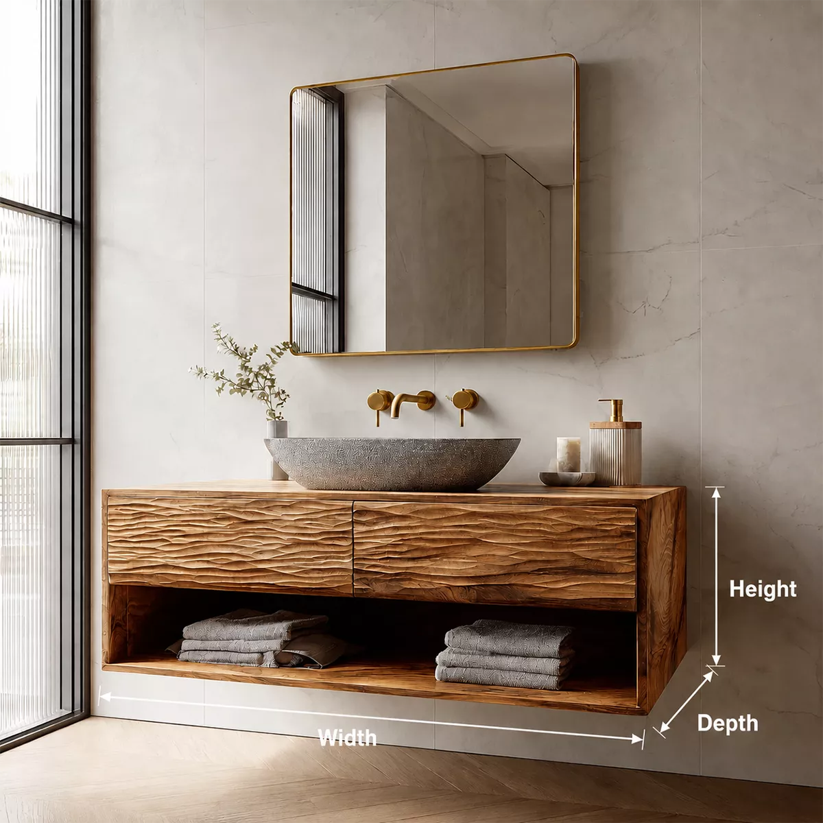 Floating Bathroom Vanity with Sculptural Wave Drawers and Open Shelf - Elitegemse - 5