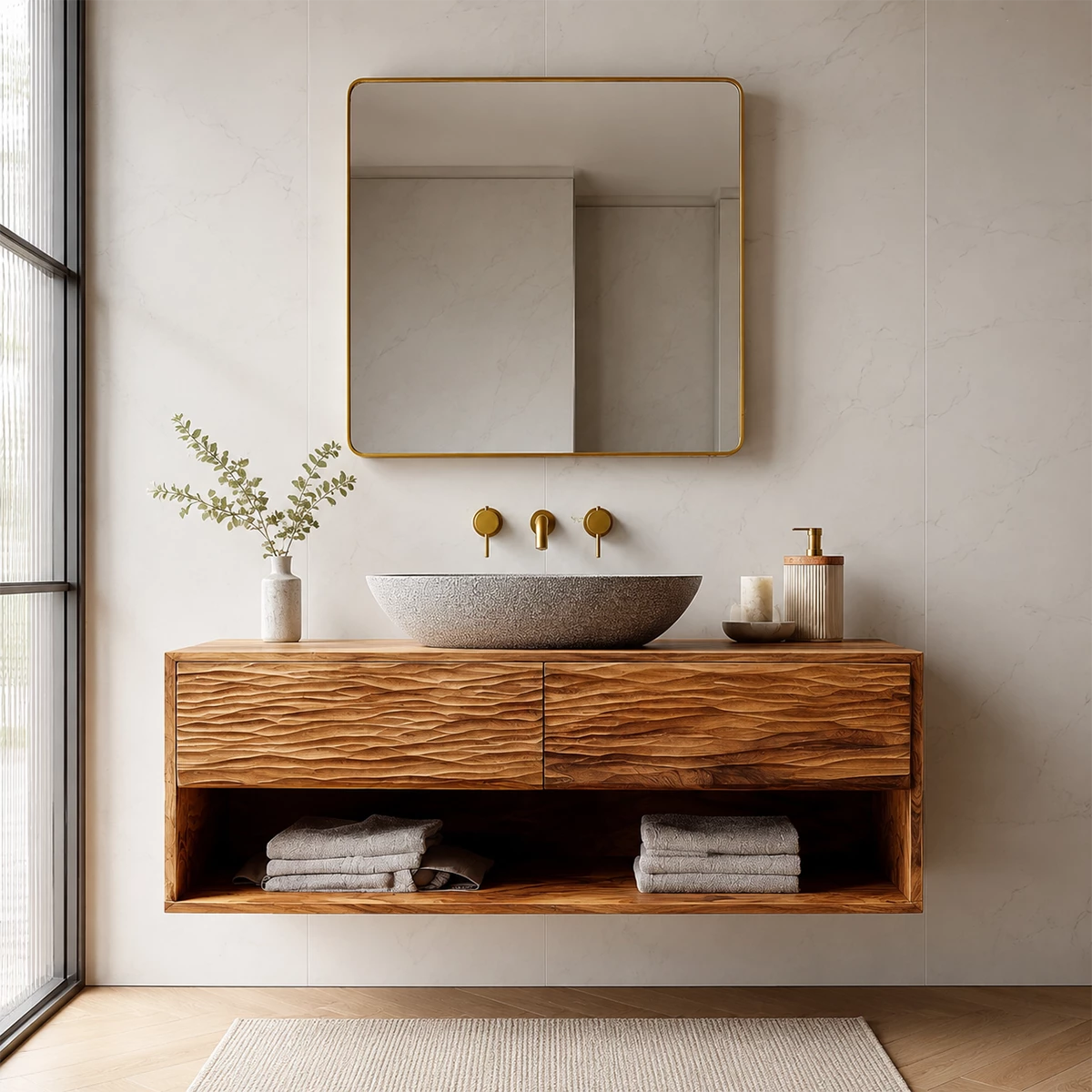 Floating Bathroom Vanity with Sculptural Wave Drawers and Open Shelf - Elitegemse - 6