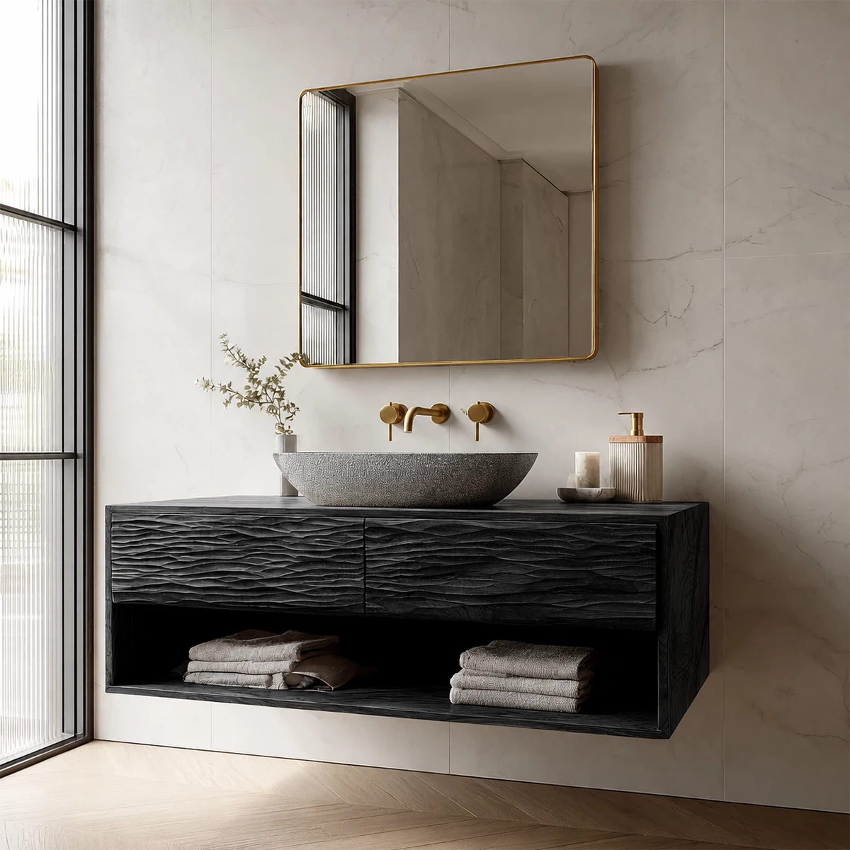 Floating Bathroom Vanity with Sculptural Wave Drawers and Open Shelf - Elitegemse - 7