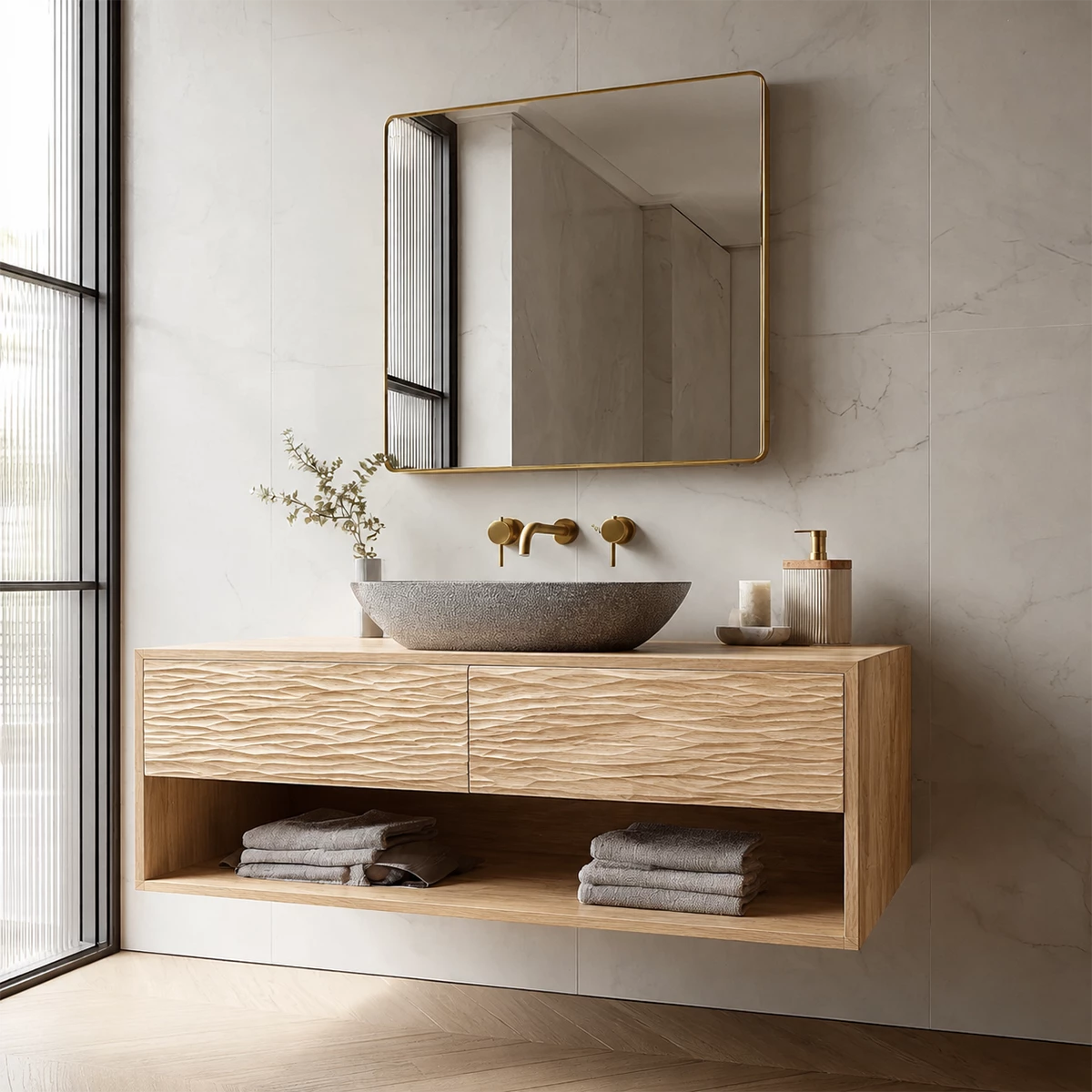 Floating Bathroom Vanity with Sculptural Wave Drawers and Open Shelf - Elitegemse - 8