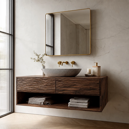 Floating Bathroom Vanity with Sculptural Wave Drawers and Open Shelf - Elitegemse - 9