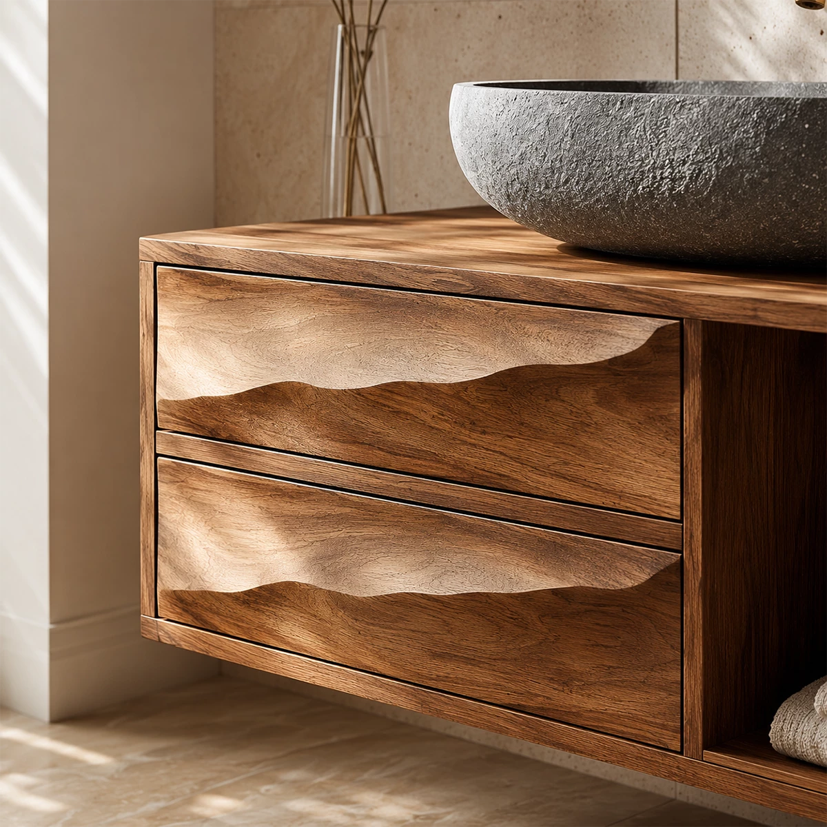 Floating Bathroom Vanity with Sculptural Wave Drawers in Natural Solid Wood - Elitegemse - 1
