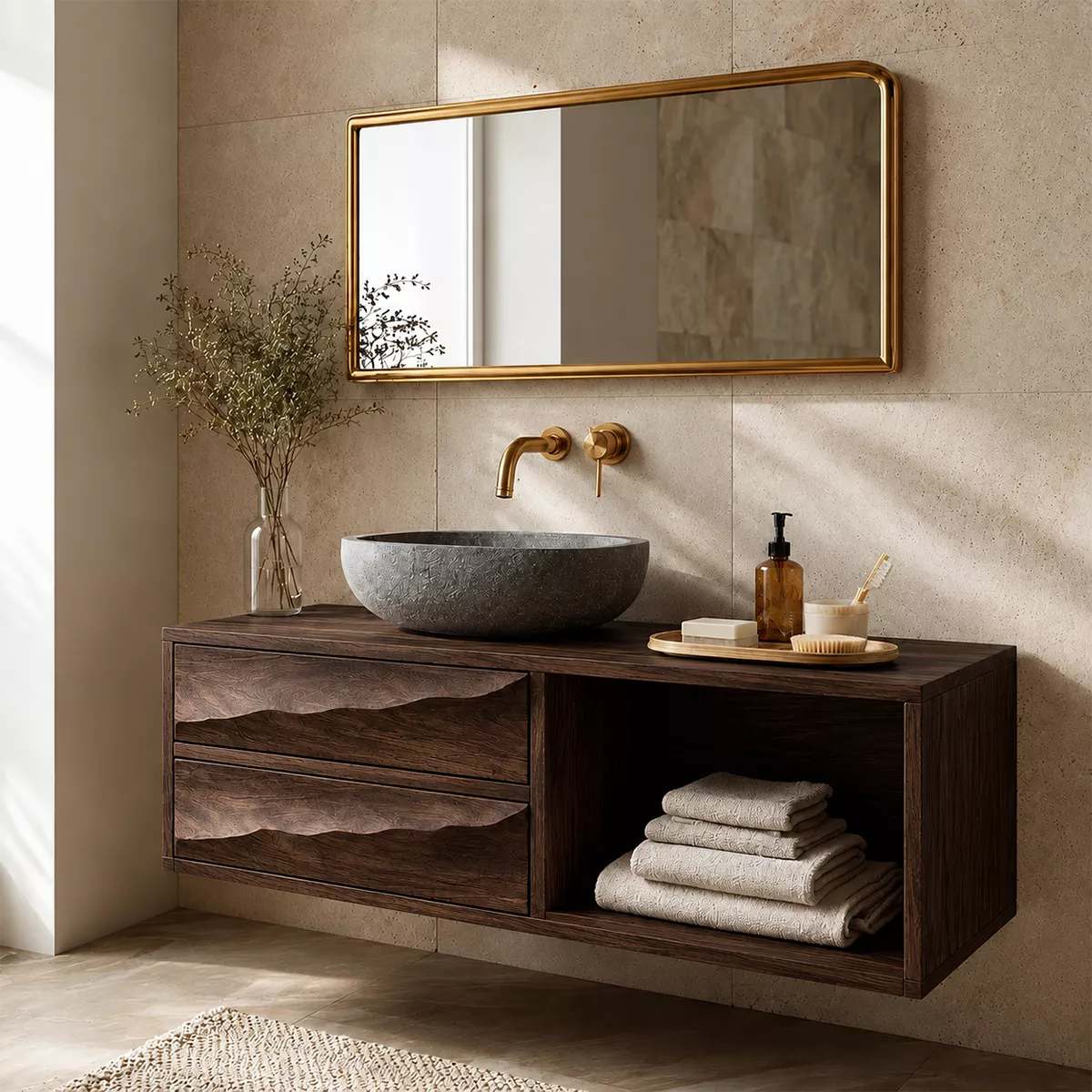 Floating Bathroom Vanity with Sculptural Wave Drawers in Natural Solid Wood - Elitegemse - 10