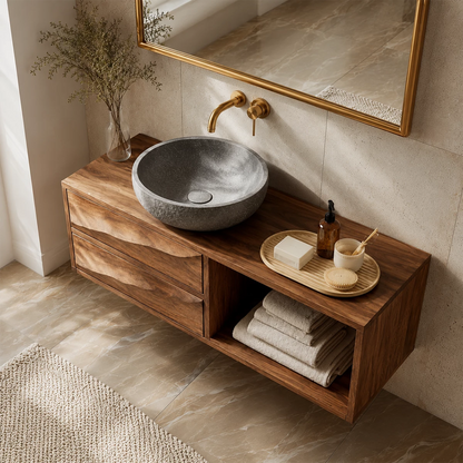 Floating Bathroom Vanity with Sculptural Wave Drawers in Natural Solid Wood - Elitegemse - 2