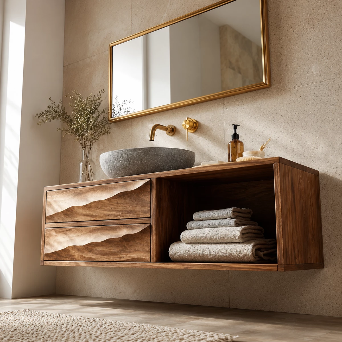Floating Bathroom Vanity with Sculptural Wave Drawers in Natural Solid Wood - Elitegemse - 3