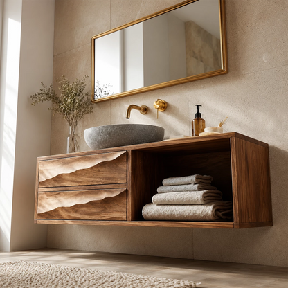 Floating Bathroom Vanity with Sculptural Wave Drawers in Natural Solid Wood - Elitegemse - 3