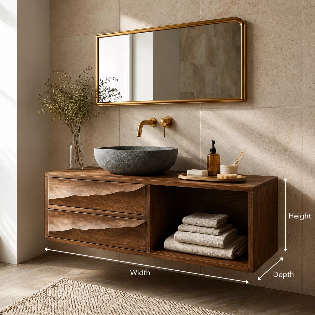Floating Bathroom Vanity with Sculptural Wave Drawers in Natural Solid Wood - Elitegemse - 4