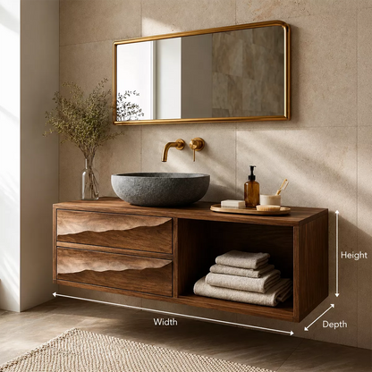 Floating Bathroom Vanity with Sculptural Wave Drawers in Natural Solid Wood - Elitegemse - 4