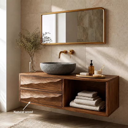 Floating Bathroom Vanity with Sculptural Wave Drawers in Natural Solid Wood - Elitegemse - 5