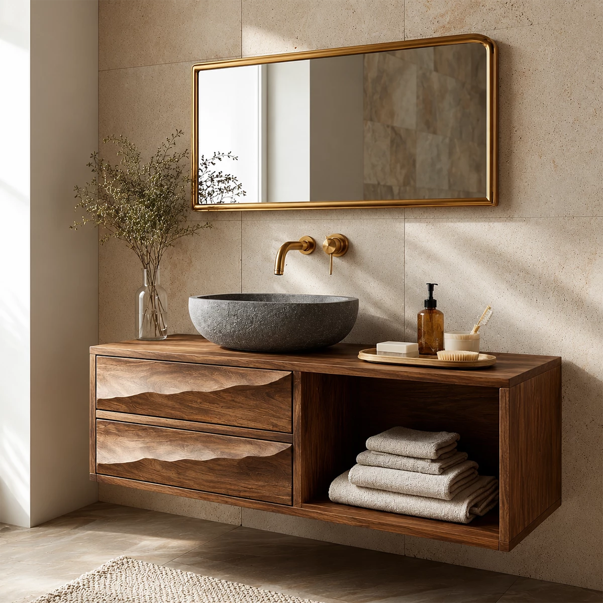 Floating Bathroom Vanity with Sculptural Wave Drawers in Natural Solid Wood - Elitegemse - 6