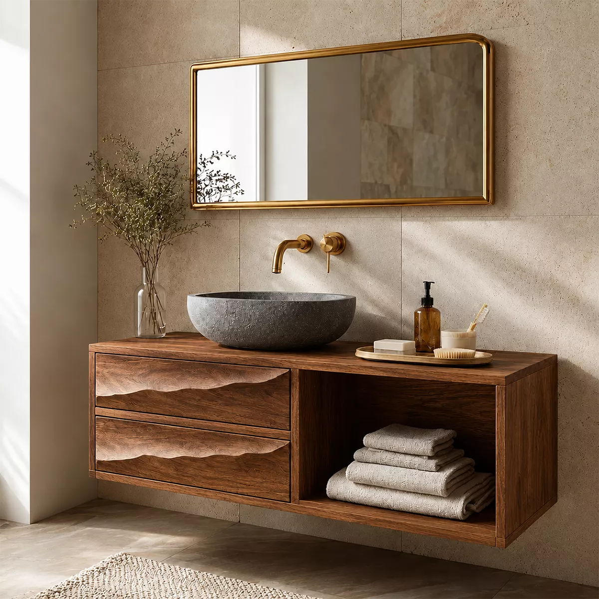 Floating Bathroom Vanity with Sculptural Wave Drawers in Natural Solid Wood - Elitegemse - 7