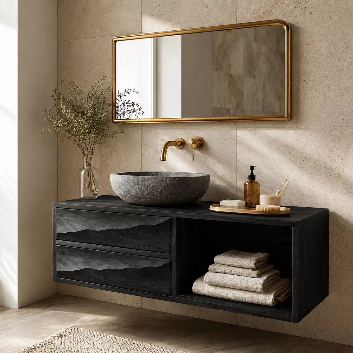 Floating Bathroom Vanity with Sculptural Wave Drawers in Natural Solid Wood - Elitegemse - 8