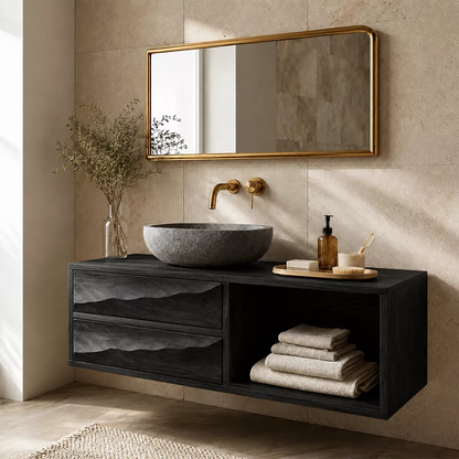 Floating Bathroom Vanity with Sculptural Wave Drawers in Natural Solid Wood - Elitegemse - 8