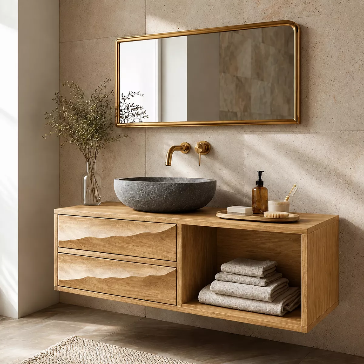 Floating Bathroom Vanity with Sculptural Wave Drawers in Natural Solid Wood - Elitegemse - 9