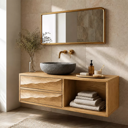 Floating Bathroom Vanity with Sculptural Wave Drawers in Natural Solid Wood - Elitegemse - 9