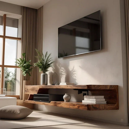 Floating Solid Wood TV Stand – Minimal Organic Modern Wall-Mounted Console - Elitegemse - View 2