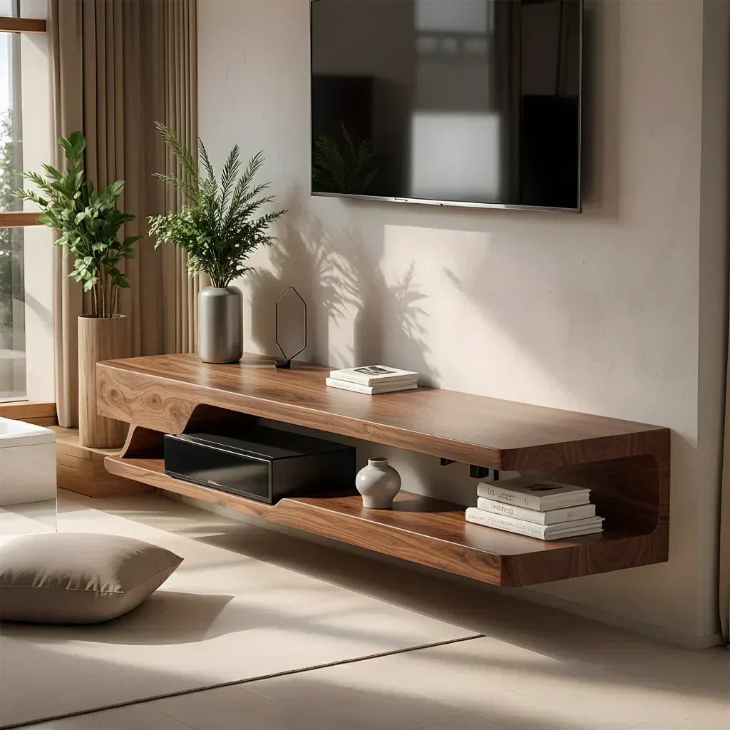 Floating Solid Wood TV Stand – Minimal Organic Modern Wall-Mounted Console - Elitegemse - View 8