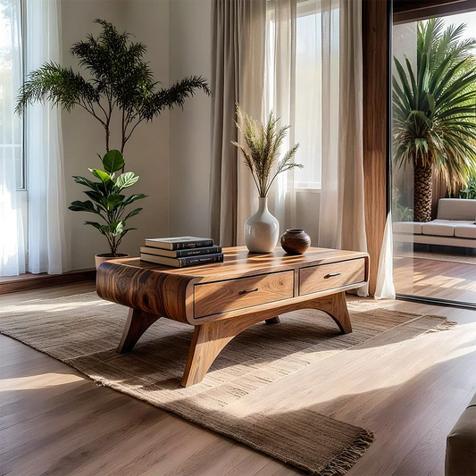 Handcrafted Mid-Century Natural Solid Wood Coffee Table with Storage - Elitegemse