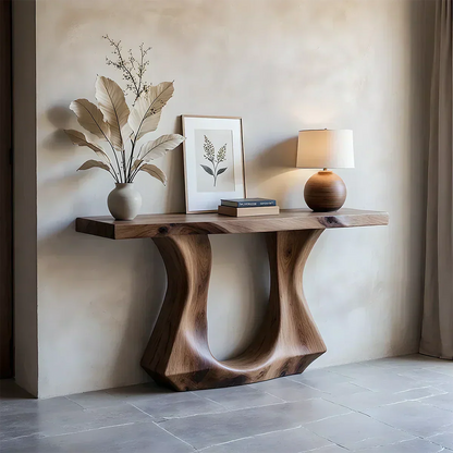 Handcrafted Solid Wood Console Table with Sculptural Twin-Base Design - Elitegemse