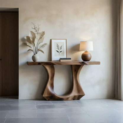 Handcrafted Solid Wood Console Table with Sculptural Twin-Base Design - Elitegemse - View 2