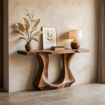 Handcrafted Solid Wood Console Table with Sculptural Twin-Base Design - Elitegemse - View 8