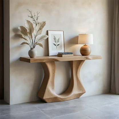 Handcrafted Solid Wood Console Table with Sculptural Twin-Base Design - Elitegemse - View 9