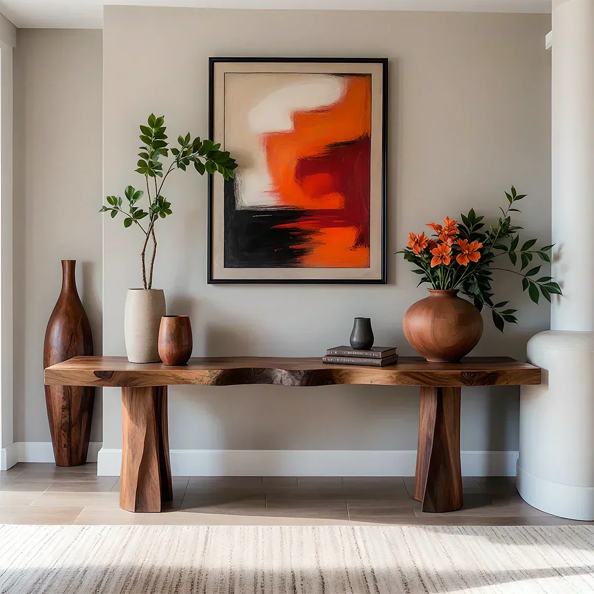 Handcrafted Solid Wood Console Table with Sculpted Block Legs - Elitegemse