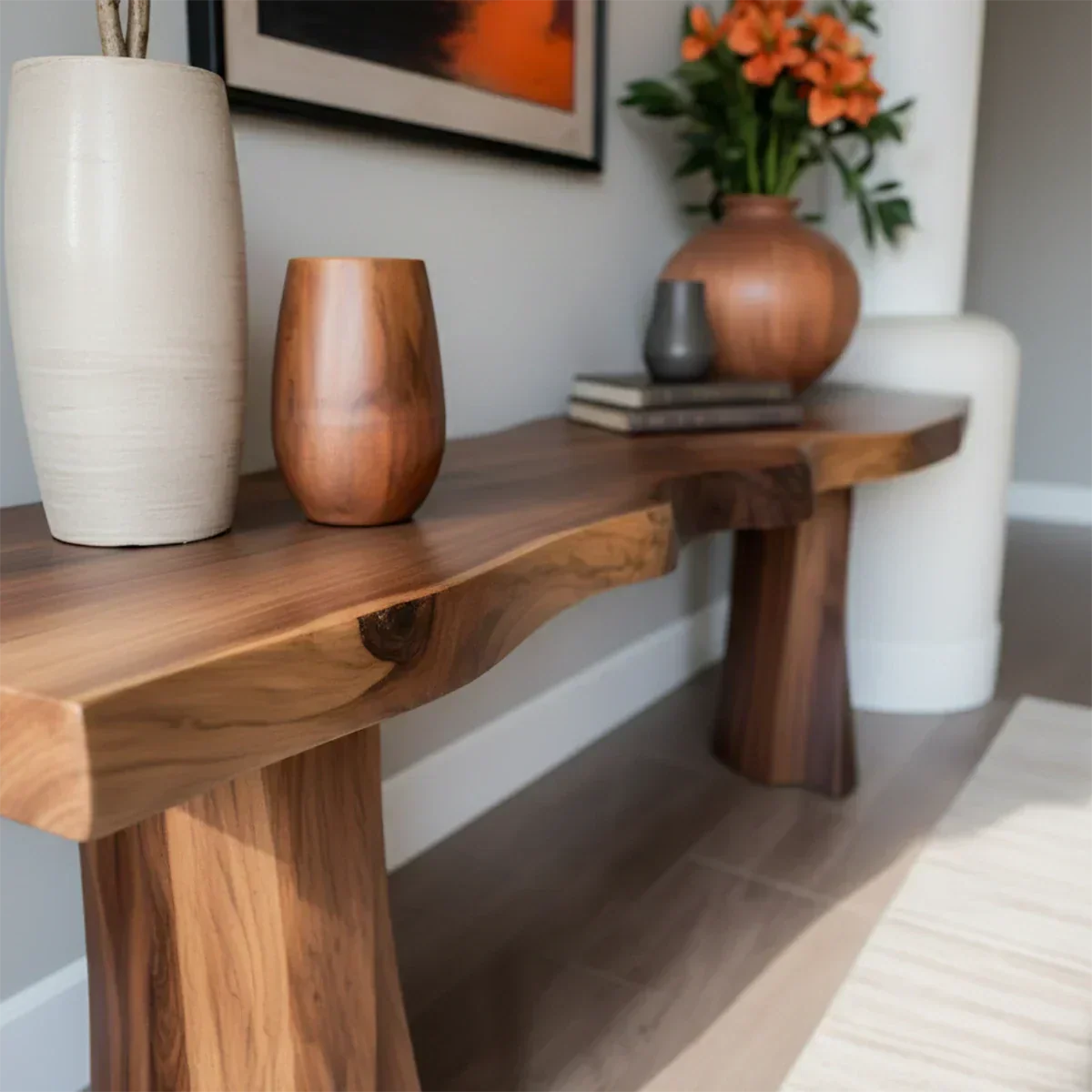 Handcrafted Solid Wood Console Table with Sculpted Block Legs - Elitegemse - View 3
