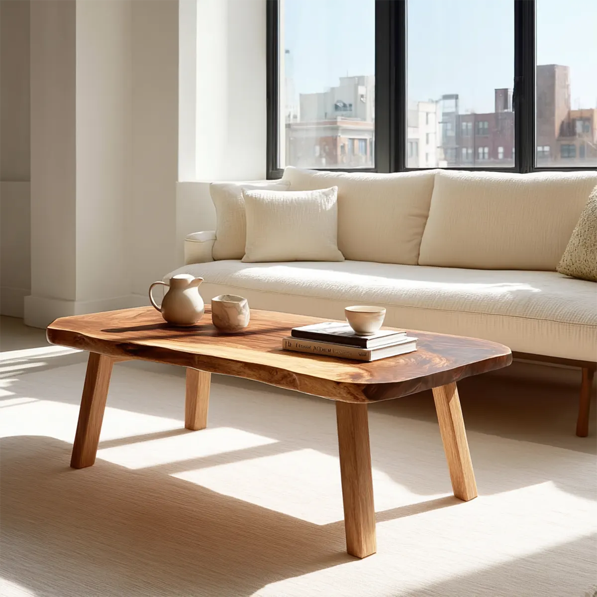 Japandi Live Edge Coffee Table with Straight Legs in Natural Solid Wood - Elitegemse