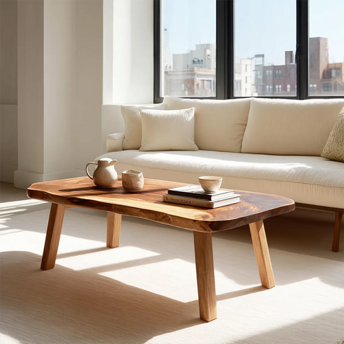 Japandi Live Edge Coffee Table with Straight Legs in Natural Solid Wood - Elitegemse