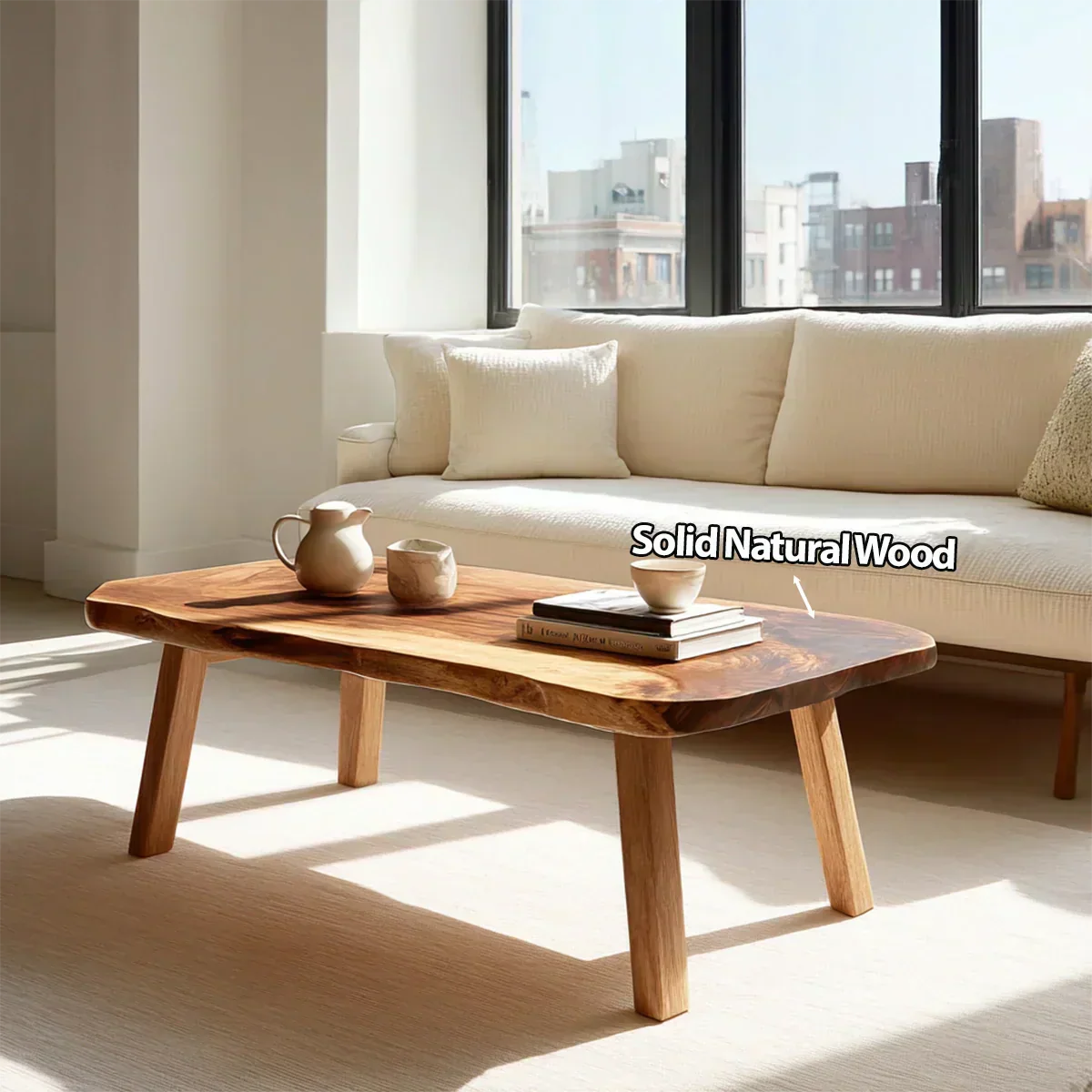 Japandi Live Edge Coffee Table with Straight Legs in Natural Solid Wood - Elitegemse - View 3