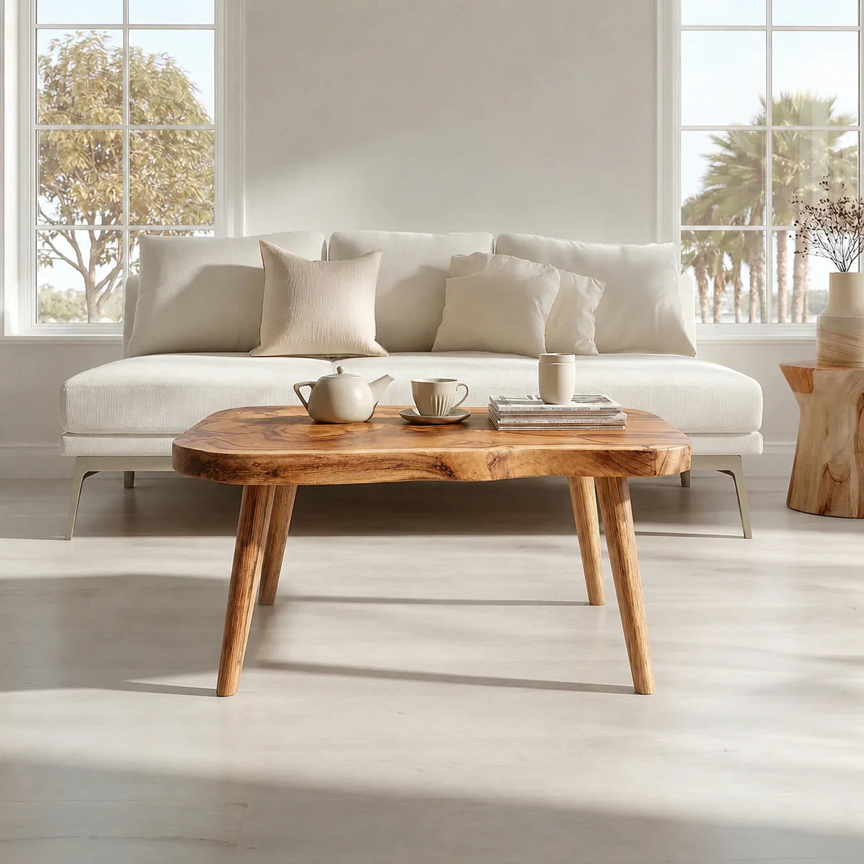 Japandi Live Edge Coffee Table with Tapered Legs in Natural Solid Wood - Elitegemse - View 10