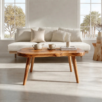 Japandi Live Edge Coffee Table with Tapered Legs in Natural Solid Wood - Elitegemse - View 11