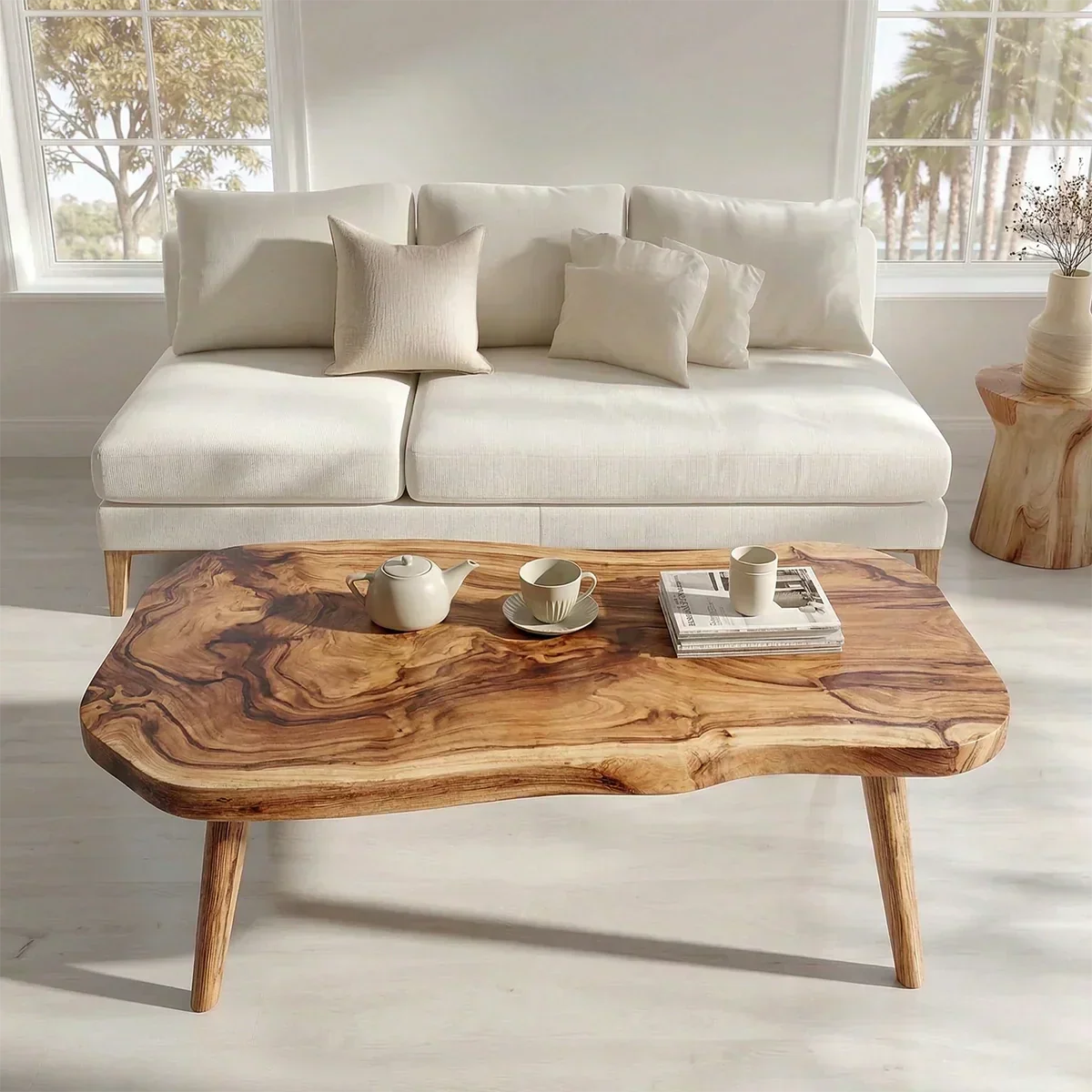 Japandi Live Edge Coffee Table with Tapered Legs in Natural Solid Wood - Elitegemse - View 2