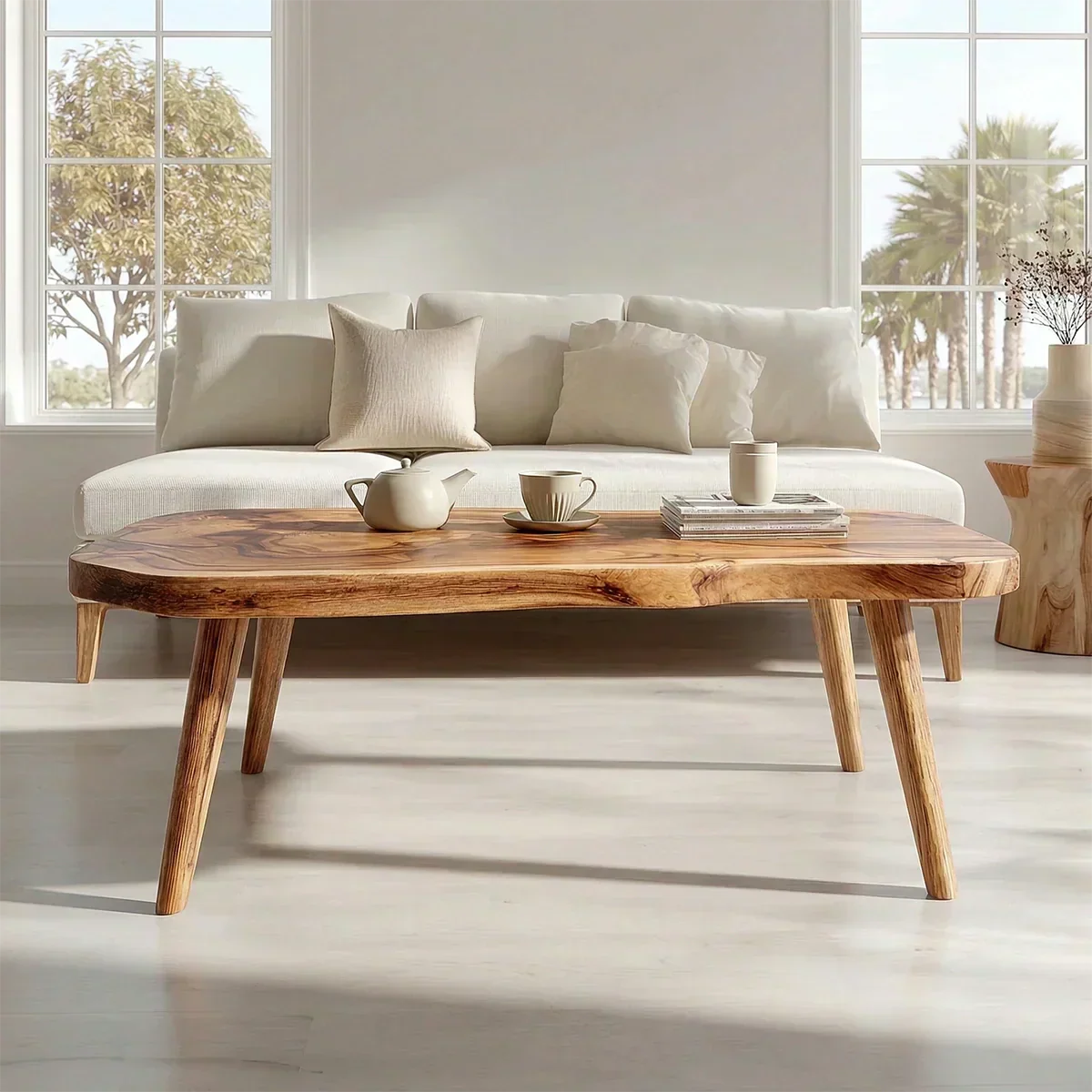 Japandi Live Edge Coffee Table with Tapered Legs in Natural Solid Wood - Elitegemse - View 3