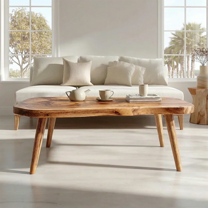 Japandi Live Edge Coffee Table with Tapered Legs in Natural Solid Wood - Elitegemse - View 3