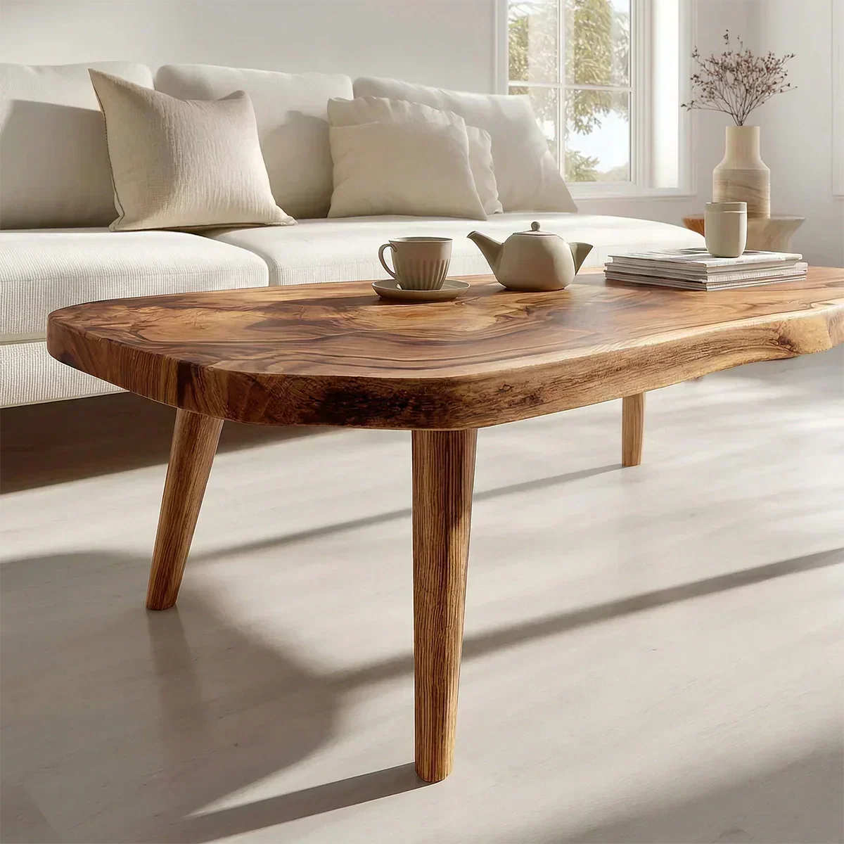 Japandi Live Edge Coffee Table with Tapered Legs in Natural Solid Wood - Elitegemse - View 4