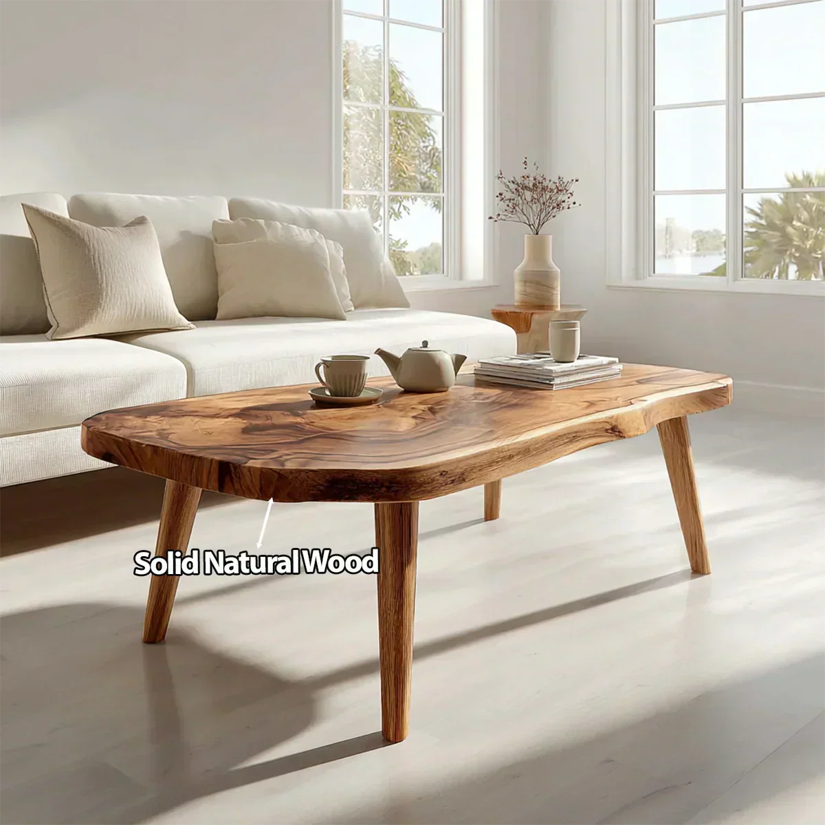 Japandi Live Edge Coffee Table with Tapered Legs in Natural Solid Wood - Elitegemse - View 5