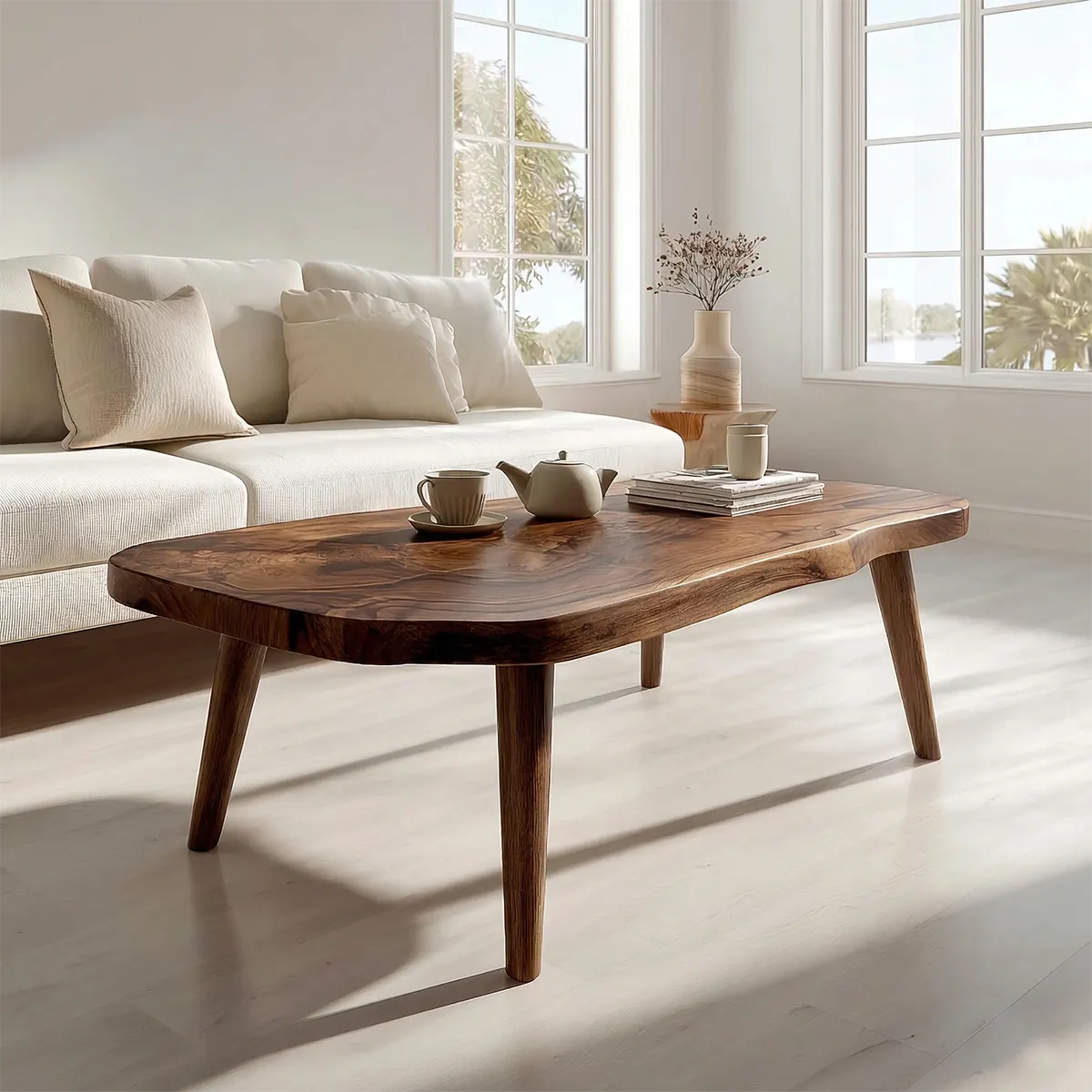 Japandi Live Edge Coffee Table with Tapered Legs in Natural Solid Wood - Elitegemse - View 7