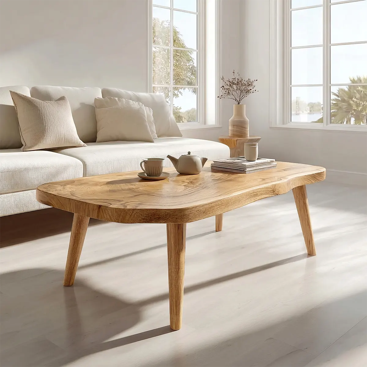 Japandi Live Edge Coffee Table with Tapered Legs in Natural Solid Wood - Elitegemse - View 8