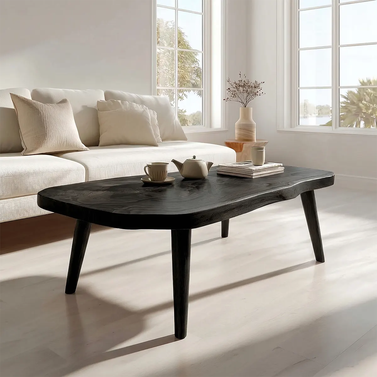 Japandi Live Edge Coffee Table with Tapered Legs in Natural Solid Wood - Elitegemse - View 9