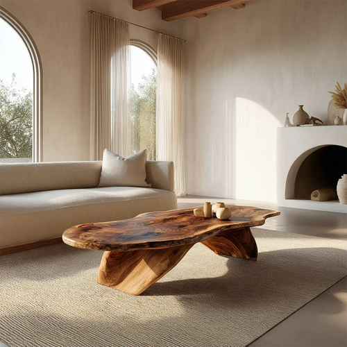 Live Edge Natural Solid Wood Coffee Table with Organic Sculptural Base - Elitegemse
