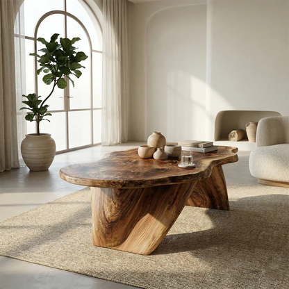 Live Edge Natural Solid Wood Coffee Table with Organic Sculptural Base - Elitegemse - View 2